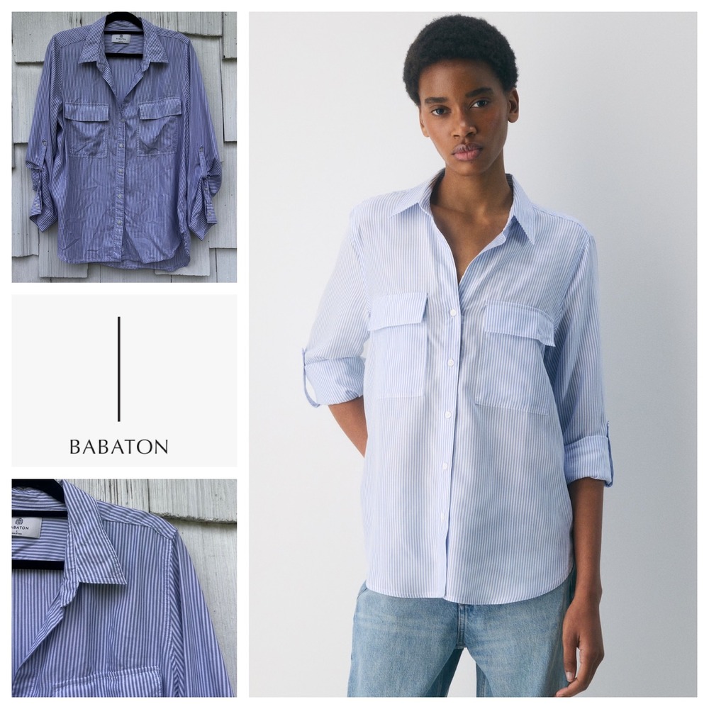 Babaton Blue White Striped Tencel Lyocell Button Down Utility Shirt Womens L